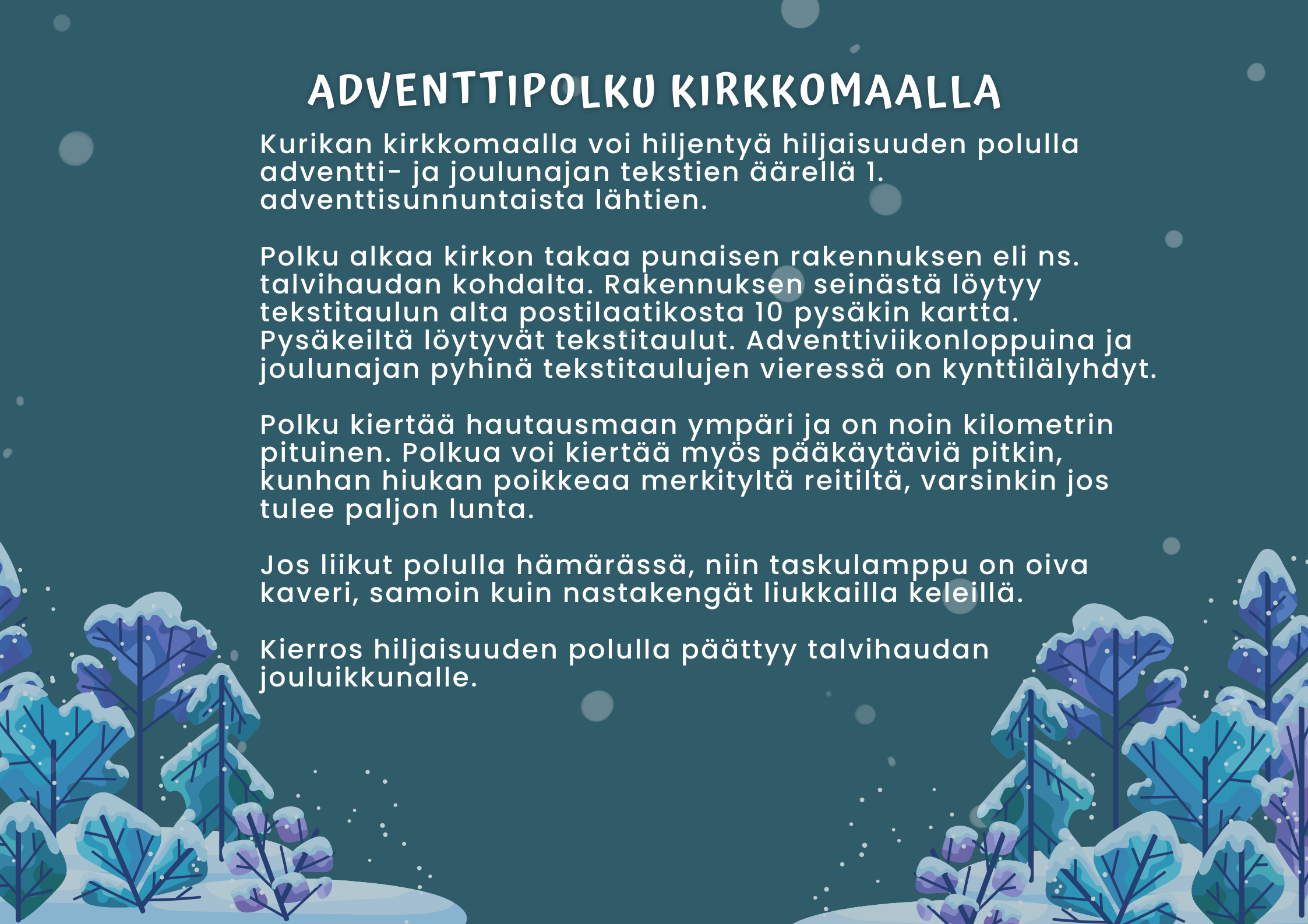 turkoosilla pohjalla piirrettyjä lumisia puita