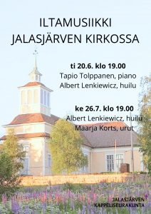 Jalasjärven kirkko, vaaleansininen taivas ja tiedot konsertista