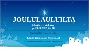 Sinisellä jouluisella taustalla teksti Joululauluilta ja tarkemmat tiedot