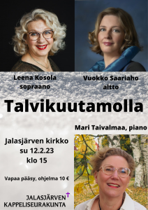 Teksti: Talvikuutamolla. Laulajien Leena Kosolan ja Vuokko Saariahon ja pianisti Mari Taivalmaan kuvat