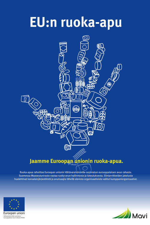 EU:n ruoka-avun juliste, jossa on ruoasta muodostuva auttava käsi.