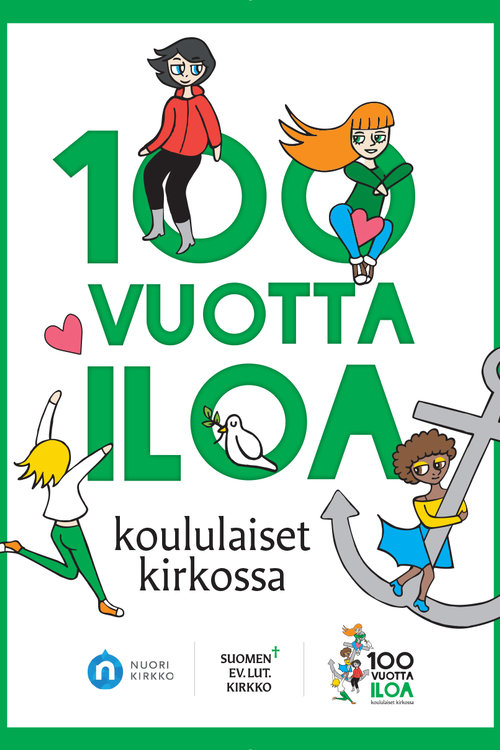 Kuva logosta, jossa lukee: 100 vuotta iloa, koululaiset kirkossa.